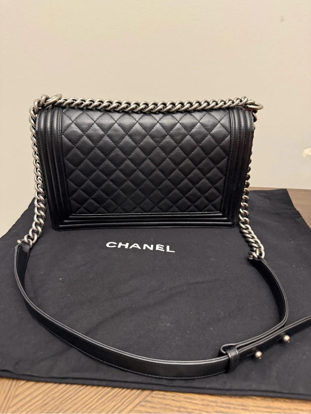 CHANEL Black Quilted Leather Boy Bag with Silver Hardware Medium